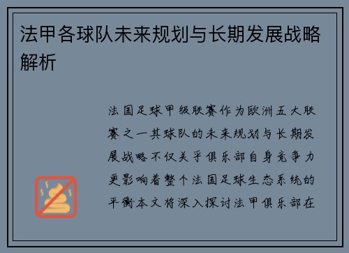 法甲各球队未来规划与长期发展战略解析